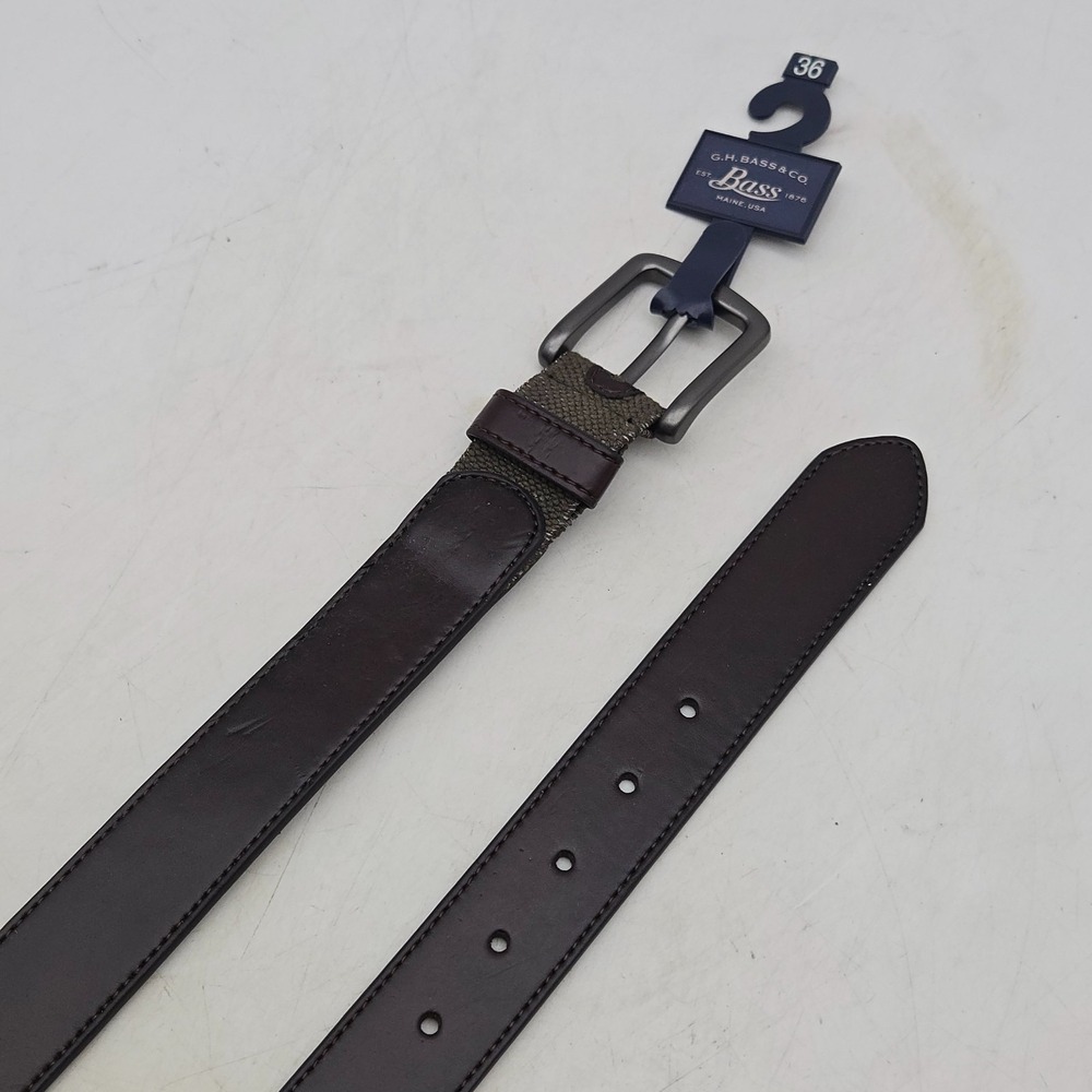 GH Bass Belt Brown Leather Woven Stretch Mens 36 Gunmetal Buckle New